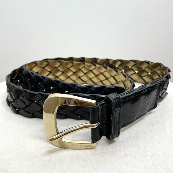 MICHAEL KORS Length BLACK Braided Leather Belt Gold Buckle M Medium Reverse - Picture 6 of 6